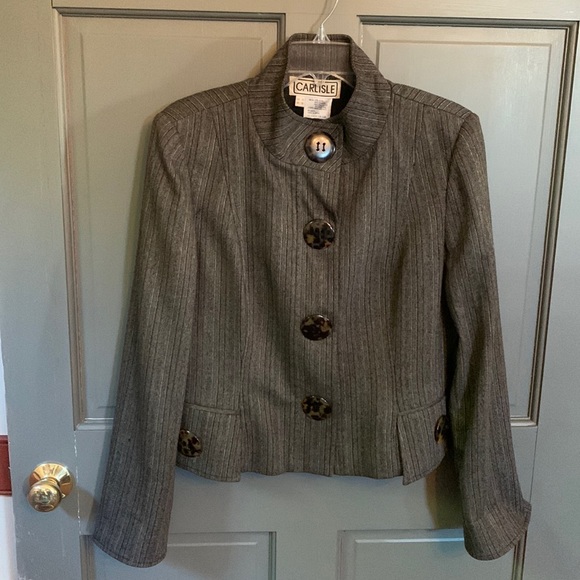 Carlisle black striped jacket with tortoiseshell snap buttons, size 10 - Picture 1 of 3